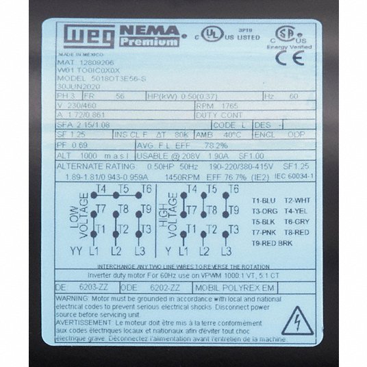 WEG .5018OT3E56-S 3-Phase General Purpose Motor, 1/2 HP, 56 Frame, 208-230/460V AC Voltage, 1,765 Nameplate RPM