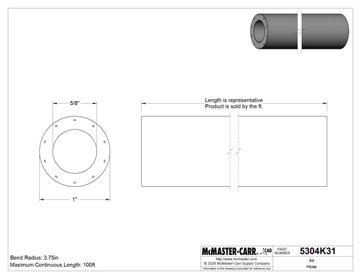 McMaster 5304K31 Air Hose EPDM Rubber, 5/8" ID, 1" OD, 300 PSI, Black