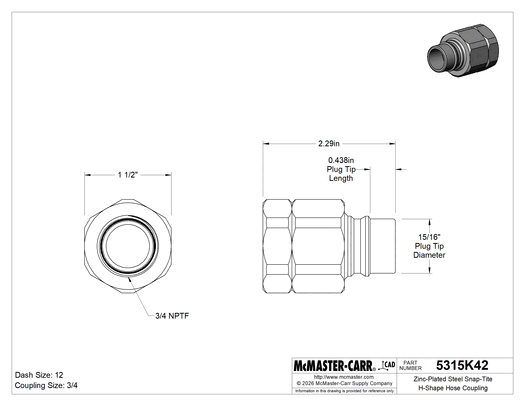 McMaster 5315K42 Zinc-Plated Steel Snap-Tite H-Shape Hose Coupling Size 3/4, Plug, 3/4 NPTF Female End