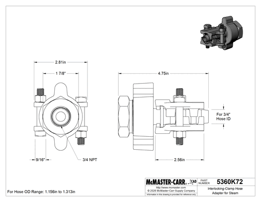 McMaster 5360K72 Interlocking-Clamp Hose Adapter for Steam for 3/4" Hose ID, 1-5/16" Maximum Hose OD, 3/4 NPT Female