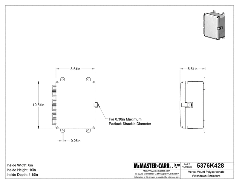 McMaster 5376K428 Versa-Mount Polycarbonate Washdown Enclosure Corrosion-Resistant, White, Quick-Release, 10-9/16" X5-5/16"