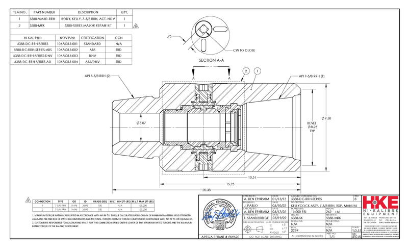 HIKALIBRE 5388-DC-RRH-SERIES VALVE, KELLYCOCK, 9.50 OD x 3.07 ID x 15.25 SH-SH, 7 5/8 RRH, BXP, 15,000 PSI WP, MANUAL, CLASS 2