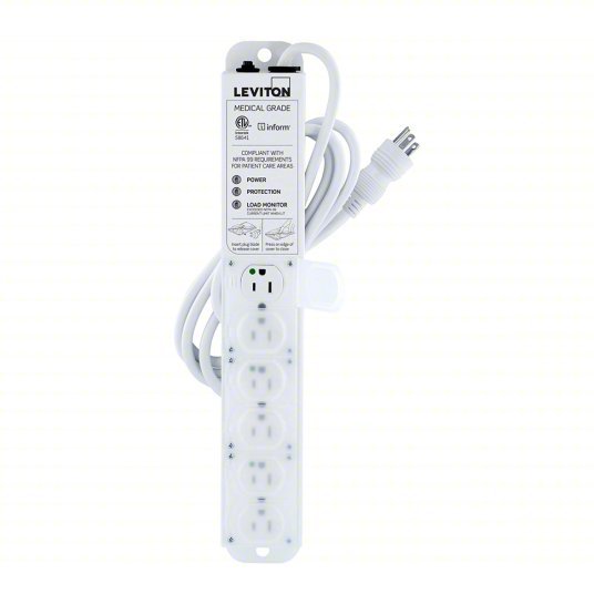 Leviton 53C6M-1S7 Surge Protected Outlet Strip 6 Outlets, Hospital Grade, NEMA 5-15P, 7 ft Cord Lg