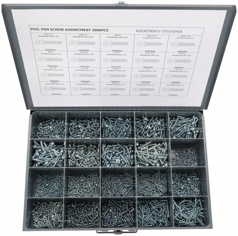 Approved Vendor CPS1PJD4GR Tapping Screw Assortment, Steel, Zinc-Plated, Pan, Phillips, 2,000 Pieces, 20 # of Sizes