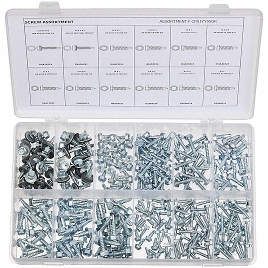 Redwood CPS1YY55GR Self-Drilling Screw Assortment Hex Washer, Zinc-Plated, Steel, External Hex, 295 Pieces, 12 Sizes