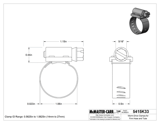 McMaster 5415K33 Worm-Drive Clamps for Firm Hose and Tube Steel Screw, 1/2" Band Width, 9/16" to 1-1/16" Clamp ID