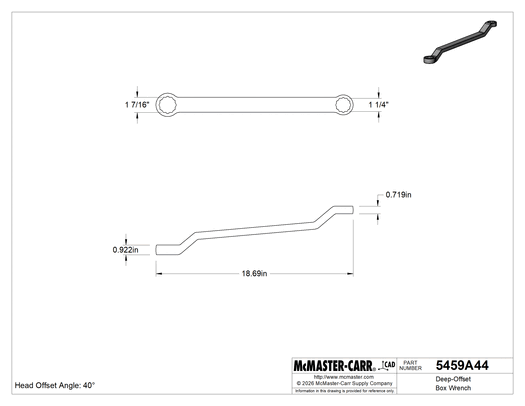 McMaster 5459A44 Deep-Offset Box Wrench, 1-1/4" x 1-7/16" Size, 18-3/4" Overall Length