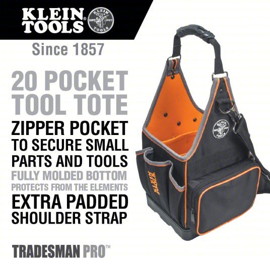 Klein 554158-14 Tool Tote Ballistic Nylon, Black, 11 Outside Pockets, 9 Inside Pockets