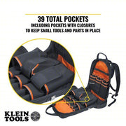 Klein 55421BP-14 Tool Backpack 4 Outside Pockets, 35 Inside Pockets, 14 1/2 in Overall Wd, Black