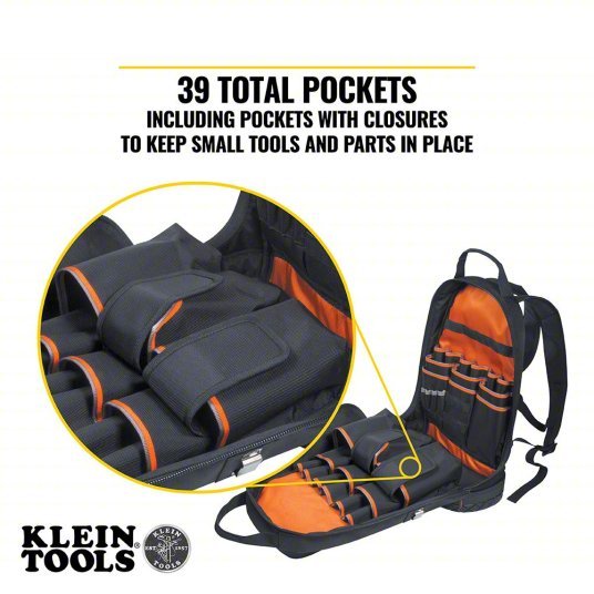 Klein 55421BP-14 Tool Backpack 4 Outside Pockets, 35 Inside Pockets, 14 1/2 in Overall Wd, Black