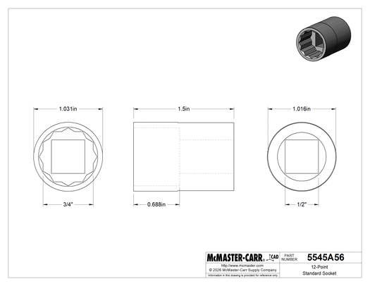 McMaster 5545A56 12-Point Standard Socket, Chrome Plated, 1/2" Drive, 3/4" Size