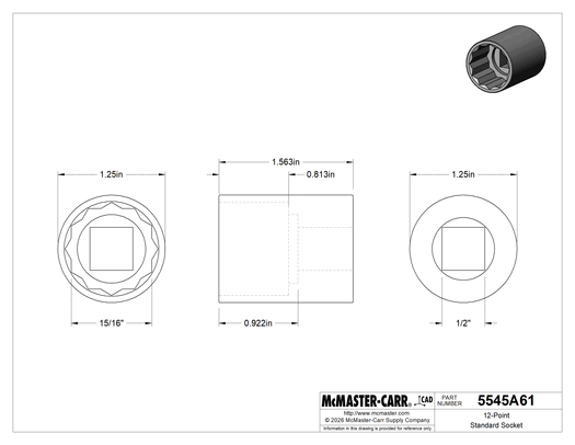 McMaster 5545A61 12-Point Standard Socket, Chrome, 1/2" Drive, 15/16" Size