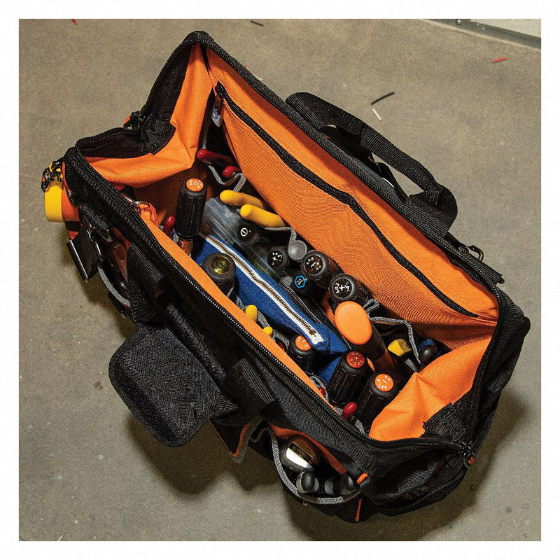 Klein 55469 Tool Bag 17 1/2 in W x 10 in D x 16 in H, Black, Polyester, 42 Pockets, Polyester