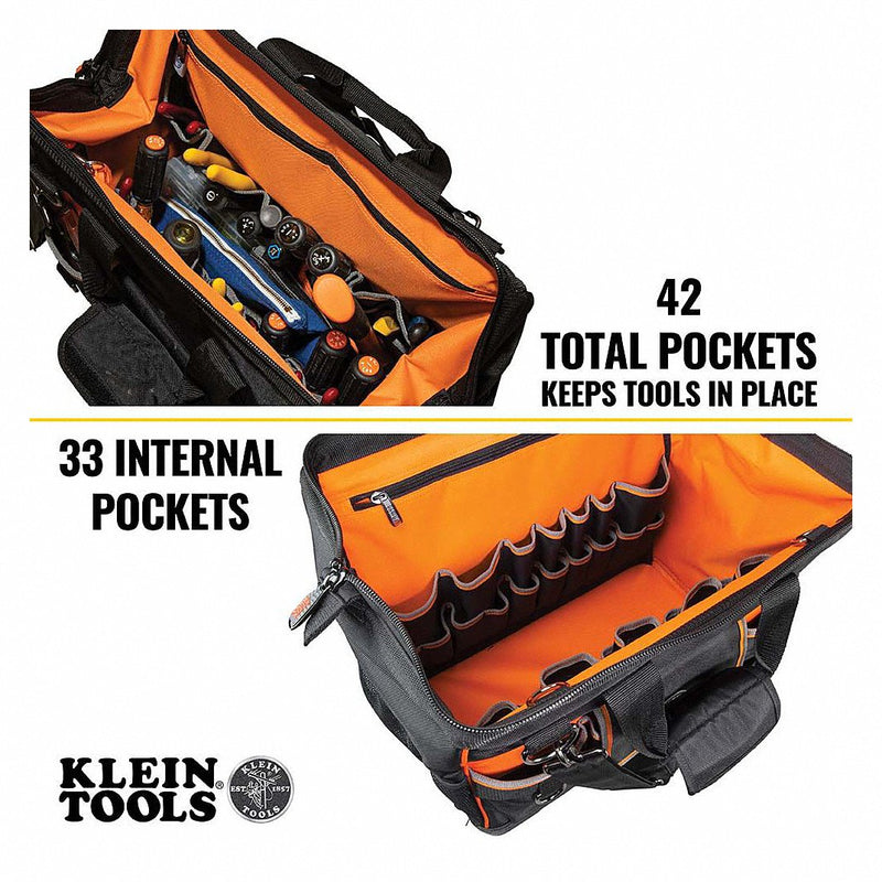Klein 55469 Tool Bag 17 1/2 in W x 10 in D x 16 in H, Black, Polyester, 42 Pockets, Polyester