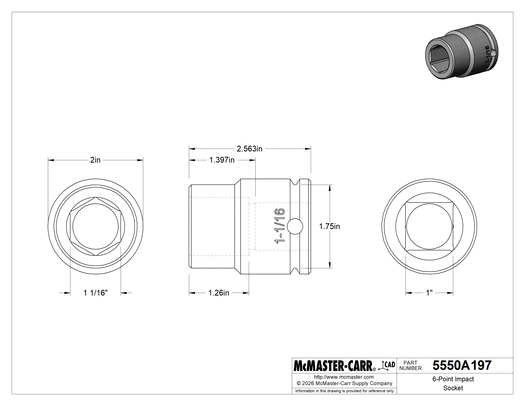 McMaster 5550A197 6-Point Impact Socket, 1" Square Drive, Standard, 1 1/16" Size, 2-9/16" Overall Length