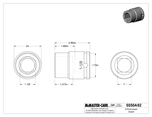 McMaster 5550A92 6-Point Impact Socket, 1" Square Drive, Standard, 1-1/8" Size, 2-9/16" Overall Length