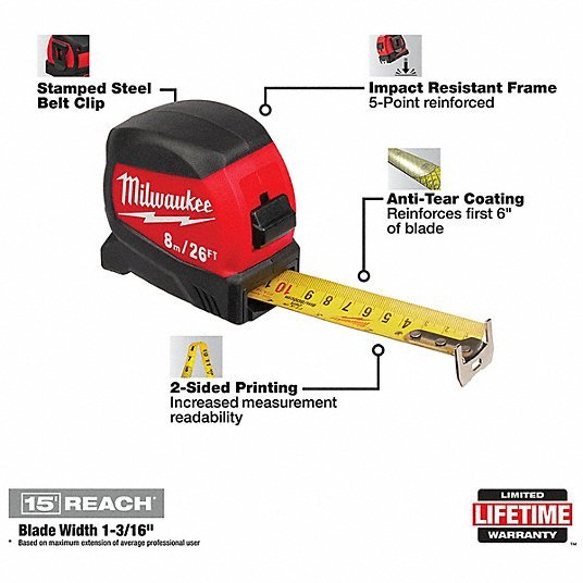 Milwaukee 48-22-0425 25 ft Tape Measure, 1 1/8 in Blade