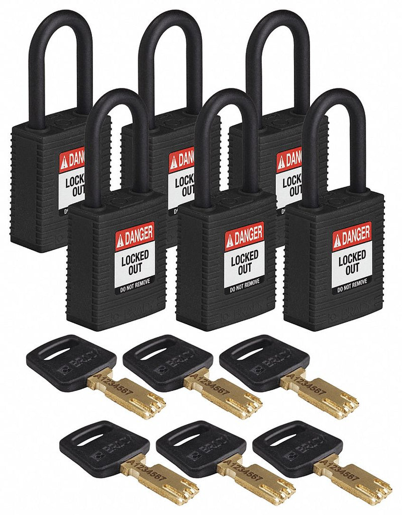 Brady NYL-BLK-38PL-KD6PK Lockout Padlock, Keyed Different, Nylon, Std Body Body Size, Plastic, Std, Black, 6 Pack Size