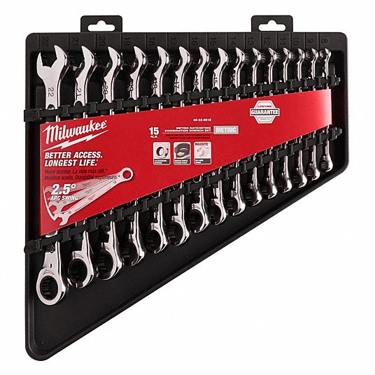 Milwaukee 48-22-9516 Combination Wrench Set Alloy Steel, Chrome, 15 Tools, 8 mm to 22 mm Range of Head Sizes