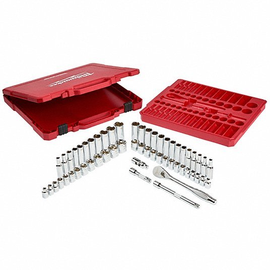 Milwaukee 48-22-9008 Socket Wrench Set 3/8 in Drive Size, 56 Pieces, (26) 6-Point, (25) 6-Point, Chrome