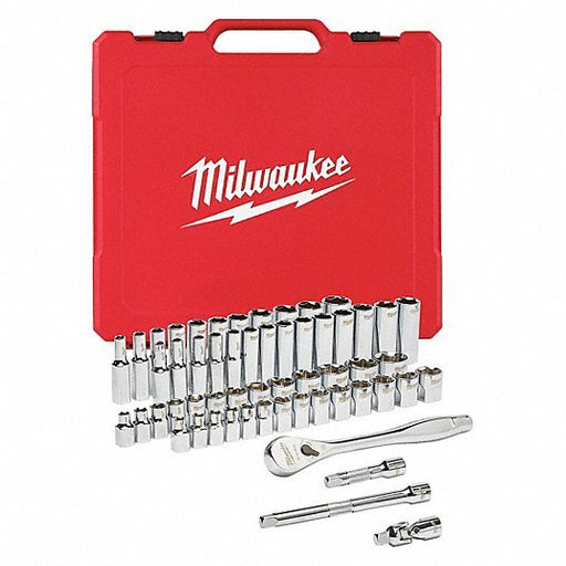 Milwaukee 48-22-9008 Socket Wrench Set 3/8 in Drive Size, 56 Pieces, (26) 6-Point, (25) 6-Point, Chrome