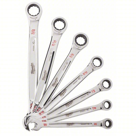 Milwaukee 48-22-9406 Ratcheting Combination Wrench Set, SAE, 3/8 in to 3/4 in Head Sizes, 12 Points, 7-Piece