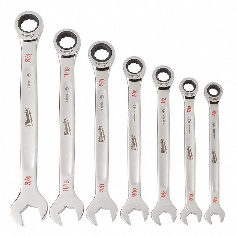 Milwaukee 48-22-9406 Ratcheting Combination Wrench Set, SAE, 3/8 in to 3/4 in Head Sizes, 12 Points, 7-Piece