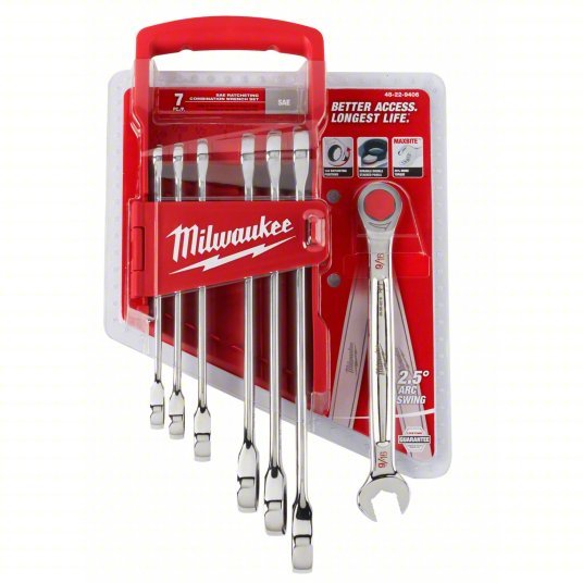 Milwaukee 48-22-9406 Ratcheting Combination Wrench Set, SAE, 3/8 in to 3/4 in Head Sizes, 12 Points, 7-Piece
