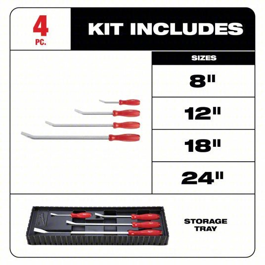Milwaukee 48-22-9214 Pry Bar Set Wedge End, 8,12,18,24 in Overall Lg, 1/2 in,3/4 in,1 1/4 in Bar Wd, 4 Pieces