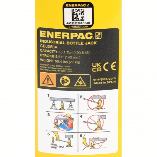 Enerpac GBJ050A High-Clearance Bottle Jacks Steel, Manual Handle, Mechanical, 55 ton Load Capacity