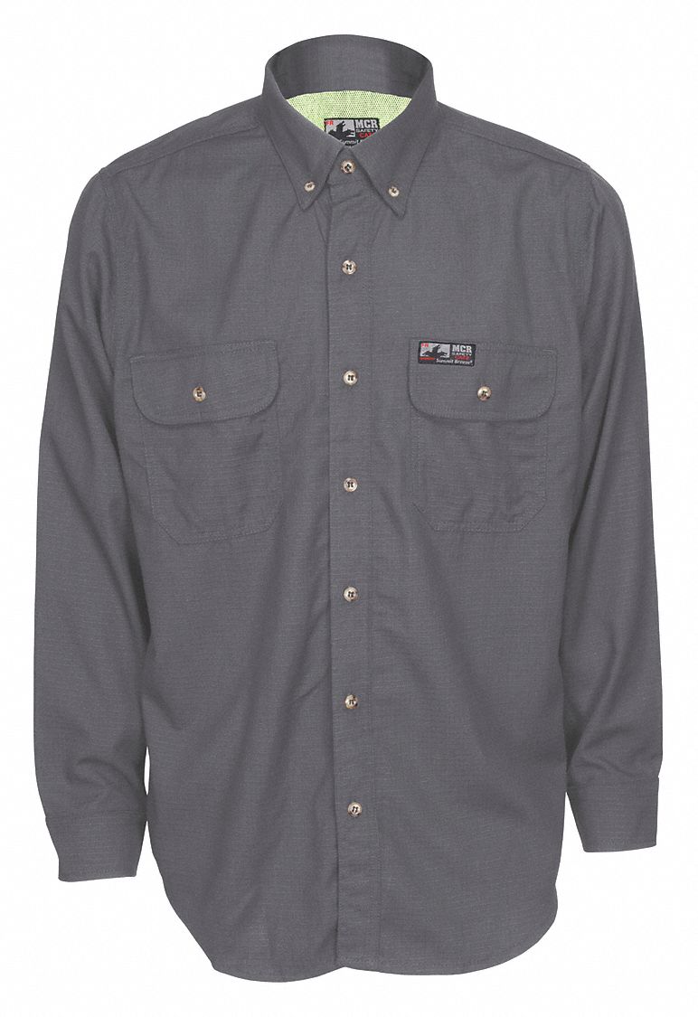 MCR Safety SBS1001S Flame-Resistant Collared Shirt, 8.9 cal/sq cm ATPV, Men's, Regular, S, Long, Gray