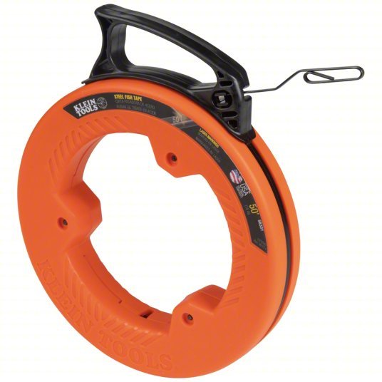 Klein 56331 Steel Fish Tape 50 ft Lg, Flat Tape Shape, Formed Hook End Style, 7 in Case Dia