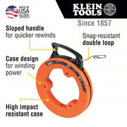 Klein 56331 Steel Fish Tape 50 ft Lg, Flat Tape Shape, Formed Hook End Style, 7 in Case Dia