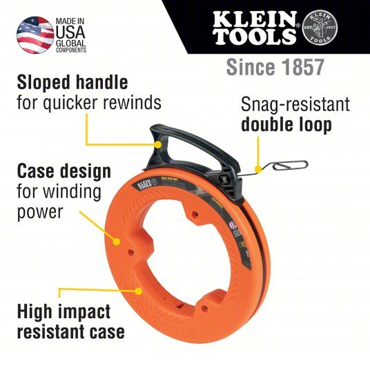 Klein 56331 Steel Fish Tape 50 ft Lg, Flat Tape Shape, Formed Hook End Style, 7 in Case Dia