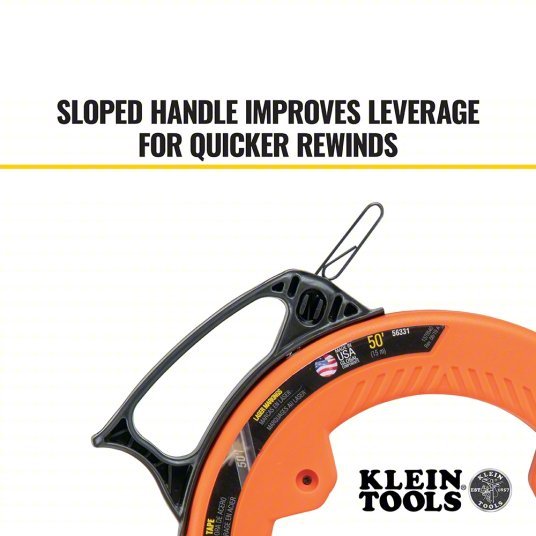 Klein 56331 Steel Fish Tape 50 ft Lg, Flat Tape Shape, Formed Hook End Style, 7 in Case Dia