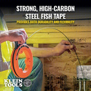 Klein 56331 Steel Fish Tape 50 ft Lg, Flat Tape Shape, Formed Hook End Style, 7 in Case Dia