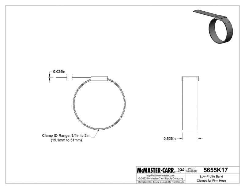 McMaster 5655K17 Low-Profile Band Clamps for Firm Hose, Galvanized Steel, 3/4 In to 2 In ID