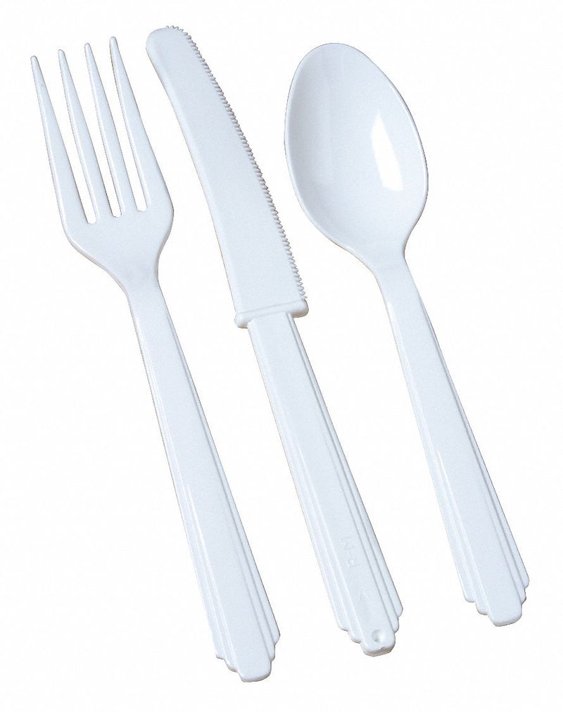 Ability One 7360-01-380-4695 Disposable Cutlery Set, White Plastic, Individually Wrapped, Fork/Knife/Spoon, 400 PK