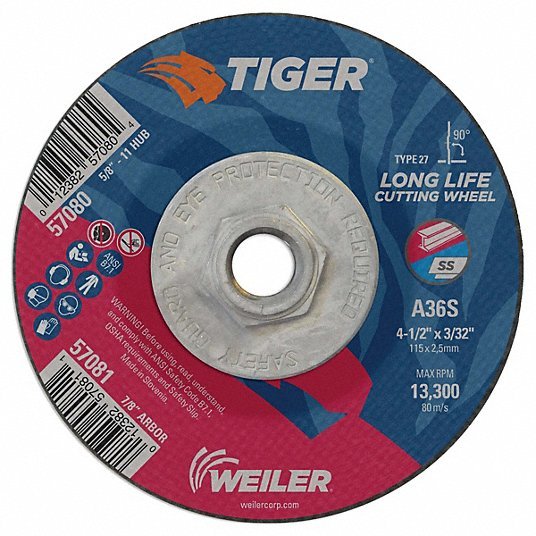 Tiger 57080 4-1/2"x3/32" TIGER AO Type 27 Cutting Wheel A36S 5/8"-11 Nut