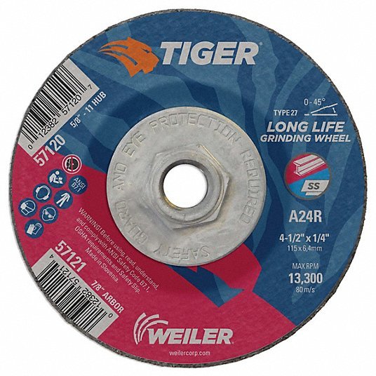 Tiger 57120 4-1/2"x1/4" TIGER AO Type 27 Grinding Wheel A24R 5/8"-11 Nut