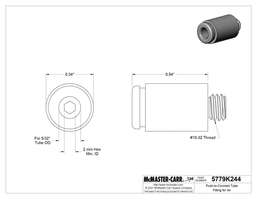 McMaster 5779K244 Push-to-Connect Tube Fitting for Air Adapter, for 5/32" Tube OD x 10-32 Thread Male Pipe