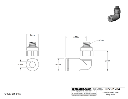 McMaster 5779K284 Push-to-Connect Tube Fitting for Air Short Swivel Elbow, for 5/32" Tube OD x 10-32 Male