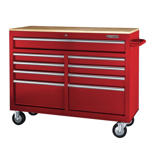 KVM Tools Yukon KV57805 46 in. 9 Drawer Mobile Storage Cabinet with Solid Wood Top, Red - Redwood.KV57805