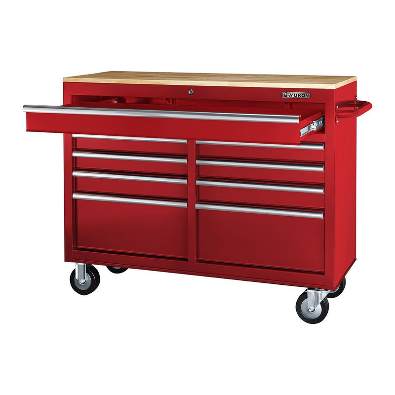 KVM Tools Yukon KV57805 46 in. 9 Drawer Mobile Storage Cabinet with Solid Wood Top, Red - Redwood.KV57805