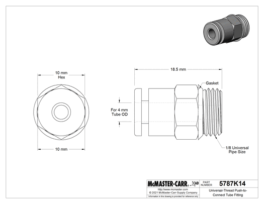 McMaster 5787K14 Push-to-Connect Tube Fitting for Air and Water, Static Dissipative, Straight Adapter, 4 mm Tube OD × 1/8 Male Universal Thread