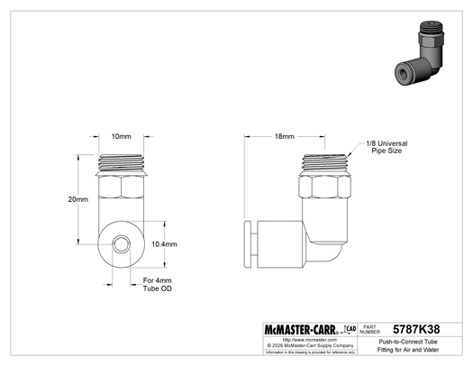 McMaster 5787K38 Push-to-Connect Tube Fitting for Air and Water, Elbow, for 4 mm Tube OD × 1/8 Male Universal Thread
