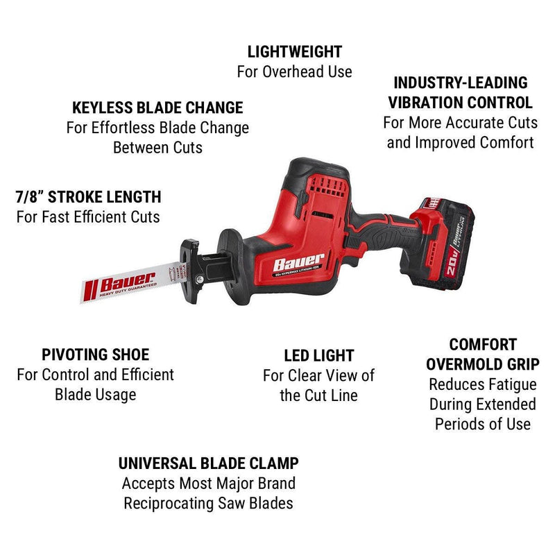Bauer 21702CR-B/58458 20V Brushless Cordless Compact Reciprocating Saw – Tool Only