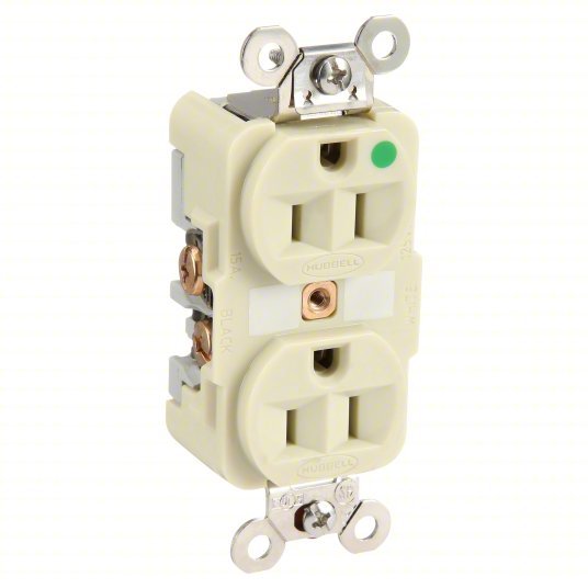 Hubbell HBL8200I Receptacle Duplex, 5-15R, 15 A, 125V AC, Ivory, 2 Poles, Hospital Grade Fed. Spec., Screw Terminals