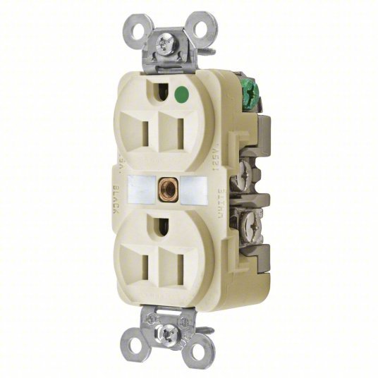 Hubbell HBL8200I Receptacle Duplex, 5-15R, 15 A, 125V AC, Ivory, 2 Poles, Hospital Grade Fed. Spec., Screw Terminals