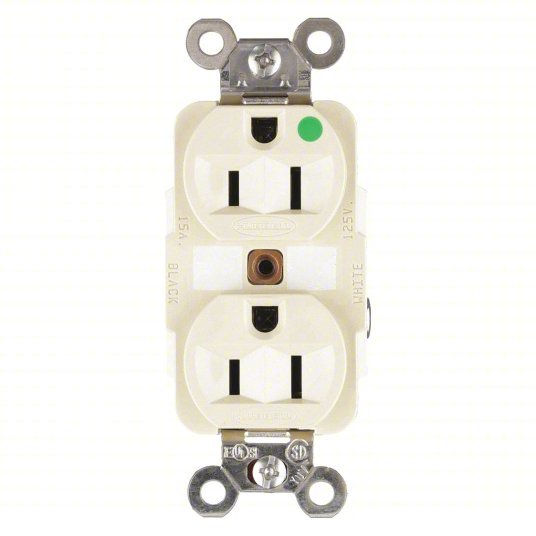 Hubbell HBL8200I Receptacle Duplex, 5-15R, 15 A, 125V AC, Ivory, 2 Poles, Hospital Grade Fed. Spec., Screw Terminals